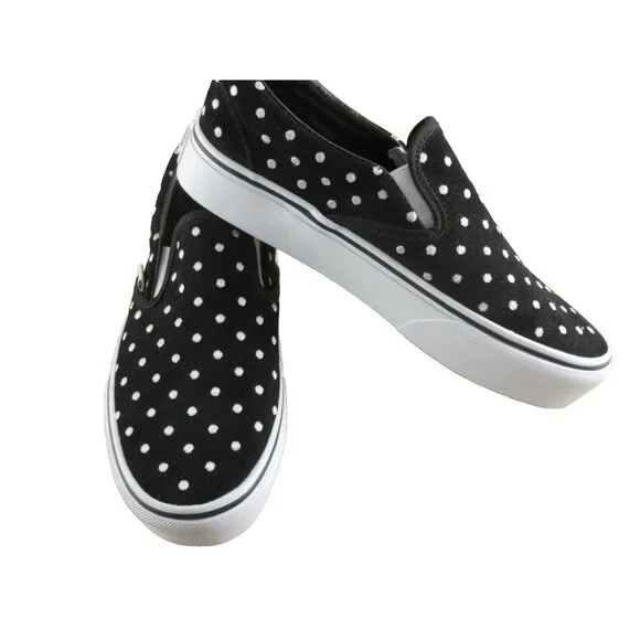 Vans Women's Classic Slip On Platform Suede Polka Dot Shoes Black White Sizes - Picture 5 of 7